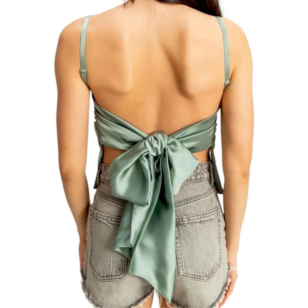 HYFVE Sage Green Satin Silky Back Tie Cami Tank Top Bow Open Back NWT - Picture 2 of 11